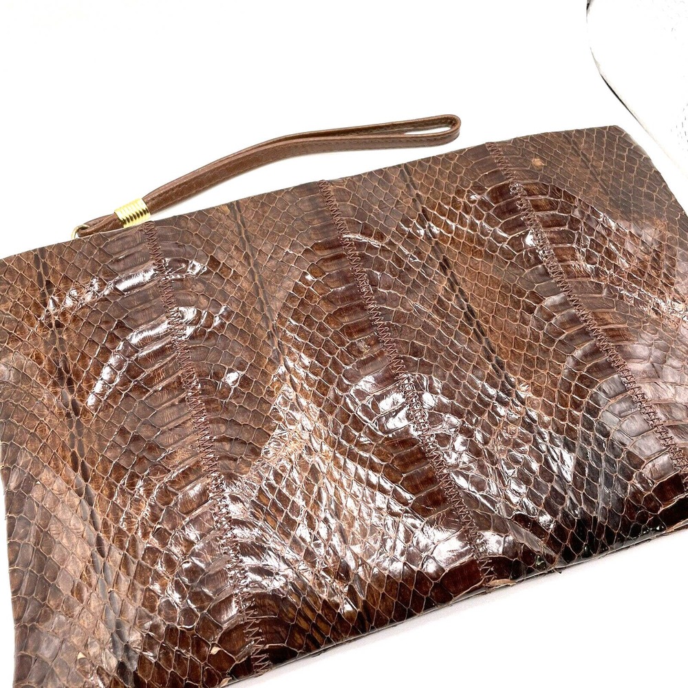 Vintage Women’s Handbag Clutch Faux Snakeskin Brown Made In Hong Kong